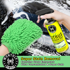 Wontolf concentrated car wash soap bottle showing label and gloss enhancing benefit