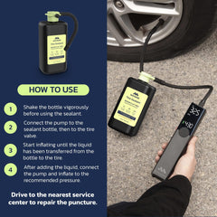 Woowind sealant in use on a tire demonstrating quick roadside repair benefit