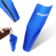 WORKPRO front view of blue flexible funnel showing wide mouth and length for easy pouring