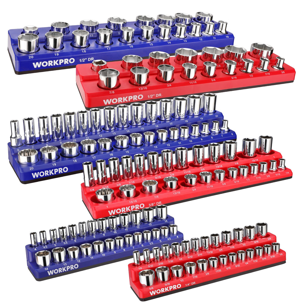 WORKPRO front view packaging showing six magnetic socket trays and color coding benefits