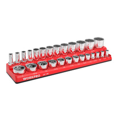 WORKPRO front view socket organizer showing all labeled slots and neat arrangement