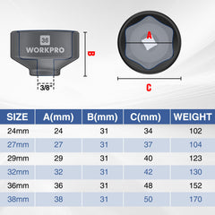 WORKPRO organized layout of 24–38mm sockets for easy size selection and quick access