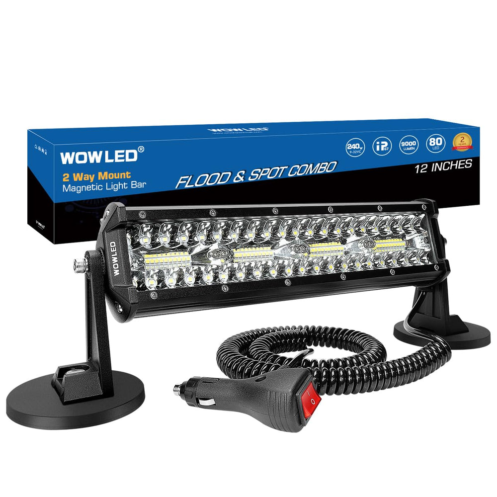 WOWLED front view of 12-inch light bar showing bright beam and compact profile