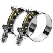 WYSIWYKA front view of two 3.5" T-bolt clamps showing packaging and finish benefit