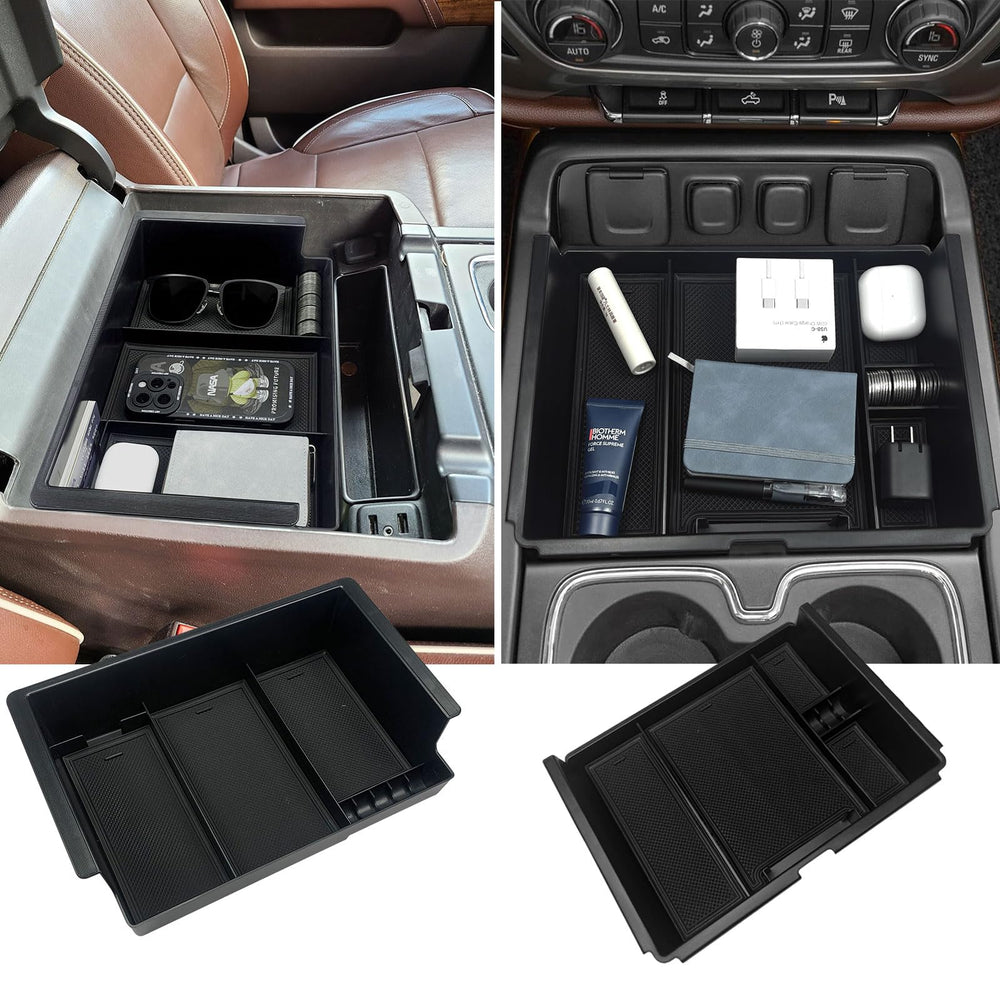 Xaido front view console organizer showing neat compartments and quick access benefit