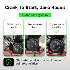 XIKOBY closeup of crank handle and release lever for easy, controlled starting