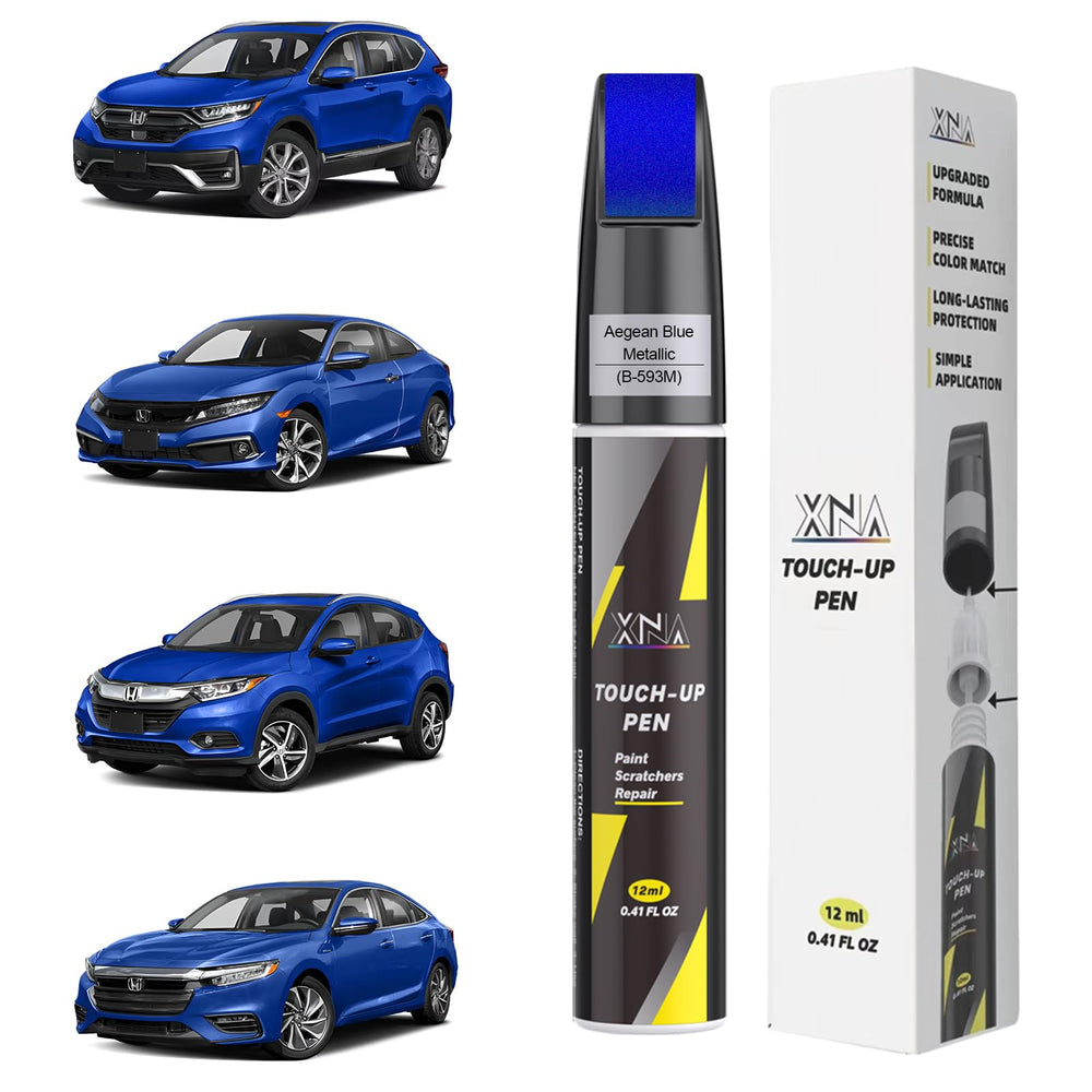 XNA Aegean Blue metallic bottle front view showing compact pen design and brand