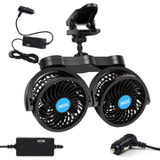 XOOL front view of clip car fan showing compact dual heads and airflow benefit