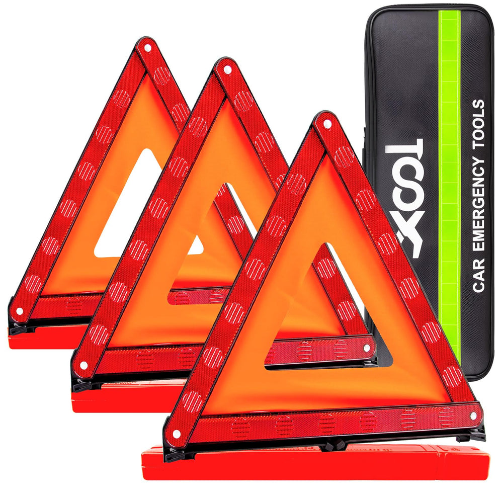 XOOL warning triangle front view showing bright visibility and quick deployment benefit