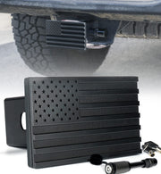 Xprite front view hitch cover showing American flag emblem and durable finish