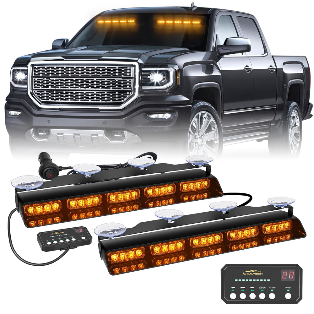 XRIDONSEN front view amber strobe light bar showing compact durable housing and bright LEDs