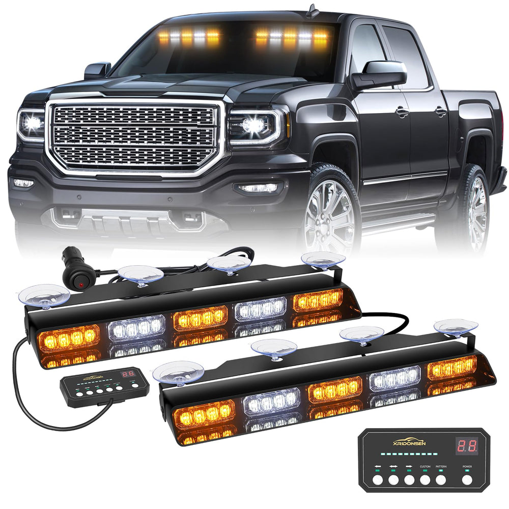 XRIDONSEN front view of 17 inch visor lights showing slim profile and amber/white LEDs for high visibility