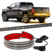 XRIDONSEN front view of 60-inch tailgate light bar showing bright amber and white LEDs, improving rear visibility