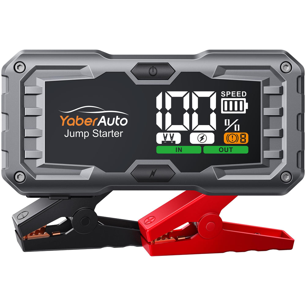 YaberAuto front view showing jump starter packaging and compact design benefit