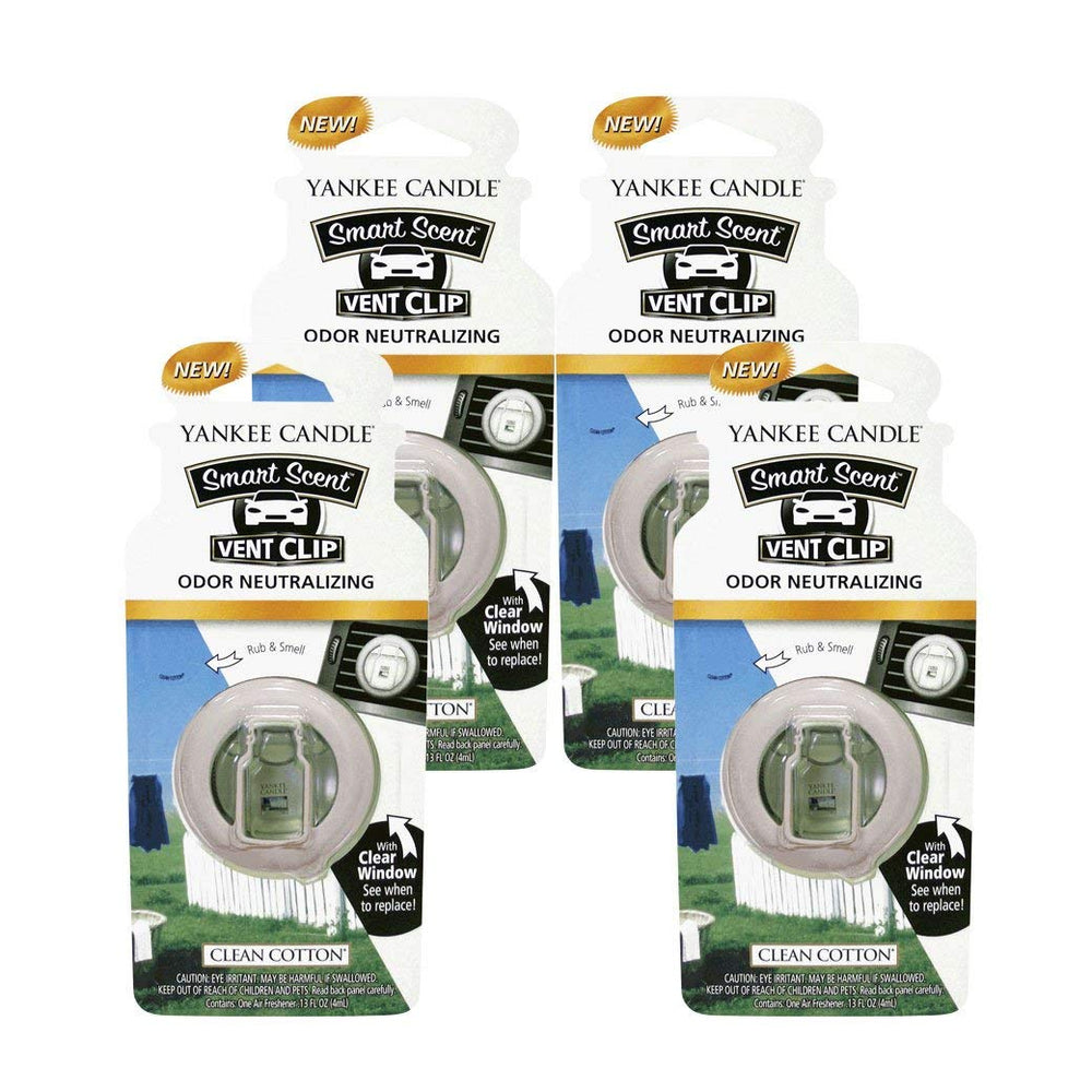 Yankee Candle clean cotton front packaging showing four vent clips and branding benefit fresh scent