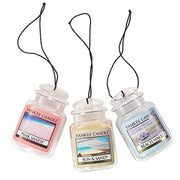 Yankee Candle front packaging showing three hanging car jars and scent variety benefit