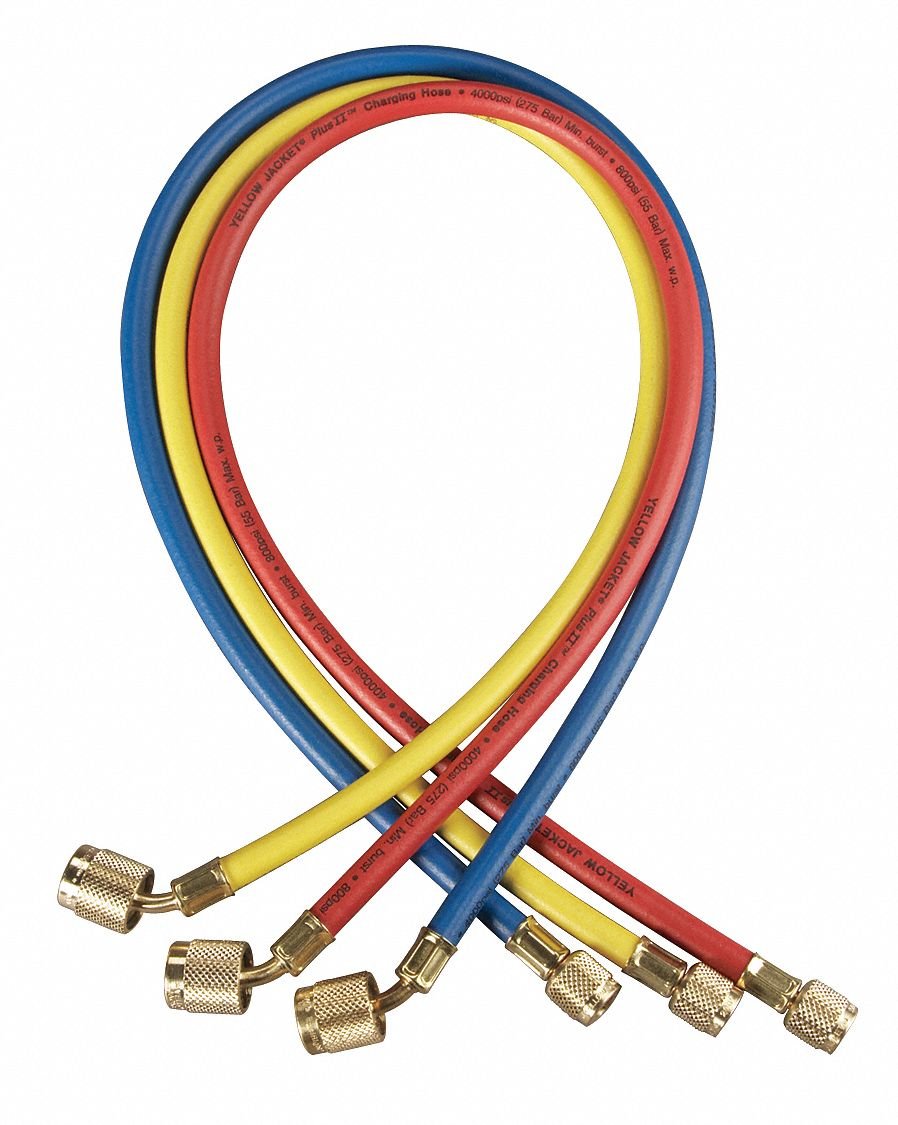 Yellow Jacket 22983 front view showing red yellow blue hoses and 45° fittings for fast connections