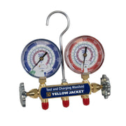 Yellow Jacket 42035 front view showing gauges and valves for clear readings
