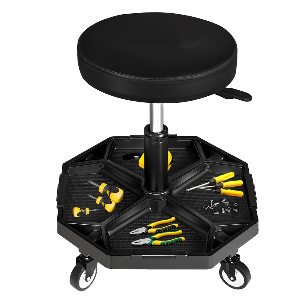 YELLOW JACKET front view garage seat showing sturdy frame and tray benefit organization