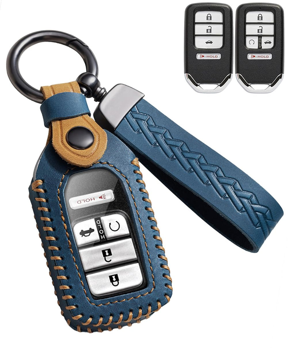 YINEOR front view blue leather key fob cover showing precise fit and protection