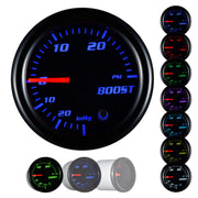 YONEDA boost gauge front face showing tinted black dial and clear markings for quick readings