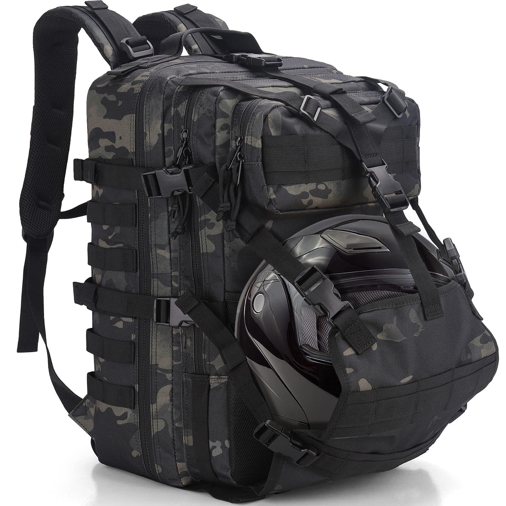 YOUNGOA front view of green camo helmet backpack showing pockets and shape, durable carry