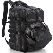 YOUNGOA front view of green camo helmet backpack showing pockets and shape, durable carry
