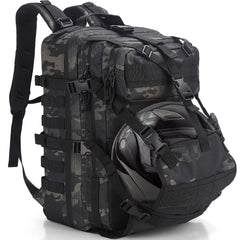 YOUNGOA front view of green camo helmet backpack showing pockets and shape, durable carry