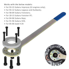 Yoursme tool in use on a Subaru engine demonstrating stable crank pulley holding during service