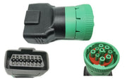 YPP Type 2 green 9‑pin J1939 to OBD2 front connector view showing connector face and benefit of easy plug‑in