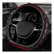 YTFRL front view of red D-shaped steering wheel cover showing fit and color benefit grip