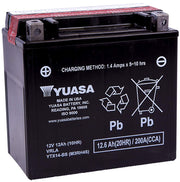 Yuasa YTX14-BS front view showing label and terminals, reliable power for motorcycles