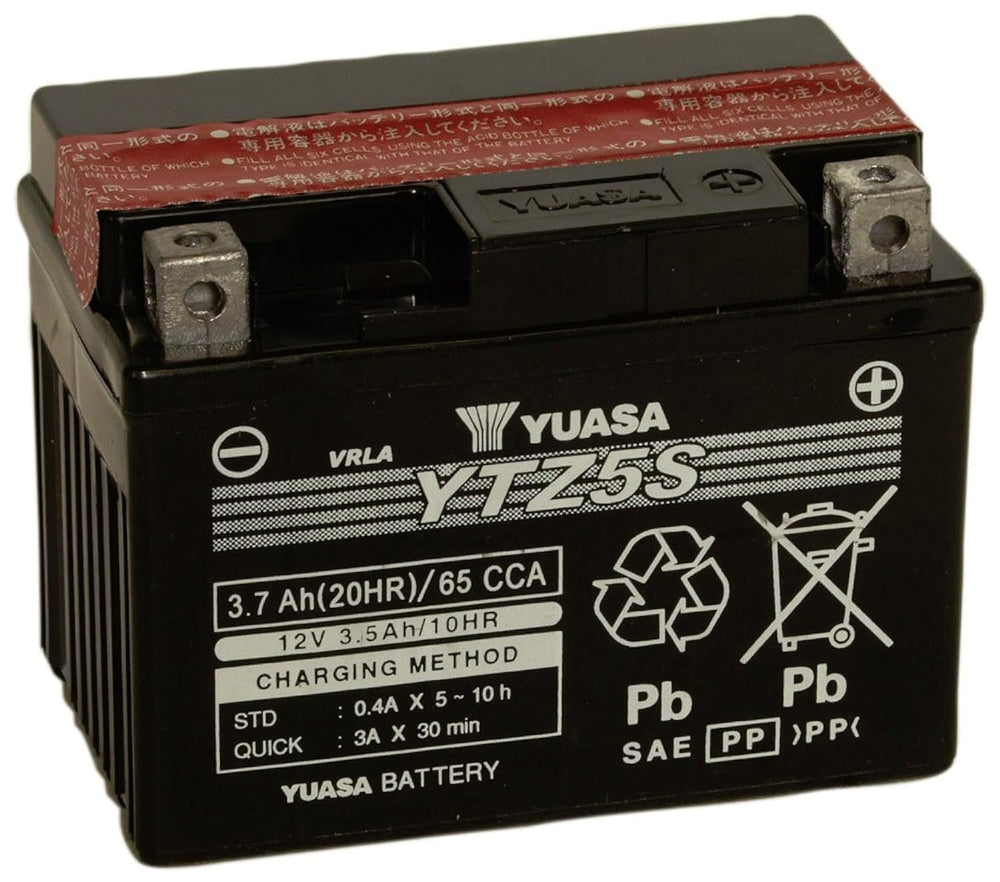 Yuasa YUAM62TZ5 front view showing label and compact housing for reliable starts