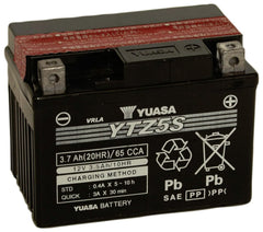 Yuasa YUAM62TZ5 front view showing label and compact housing for reliable starts