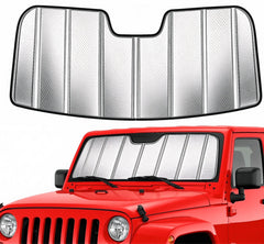 YZZWATW front view of shade on Jeep windshield showing custom fit and protection