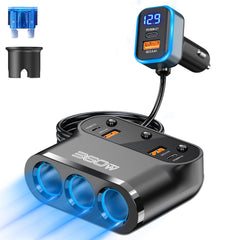 Zhaobeimao front view of splitter showing three sockets and USB ports for versatile powering
