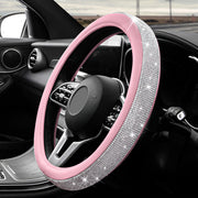 ZNDAW front view of white and pink diamond steering wheel cover showing sparkle and style