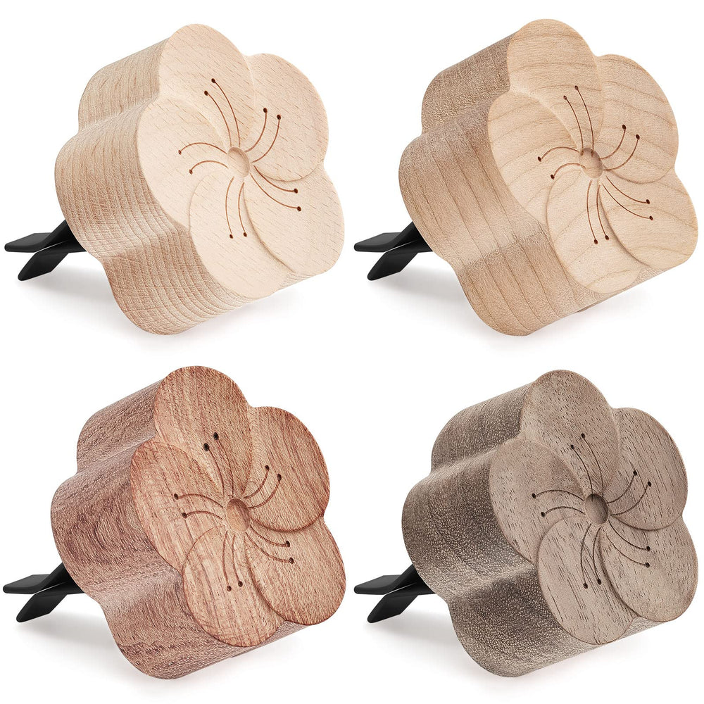 Zubebe front packaging wood flower diffusers showing four-piece set and benefits