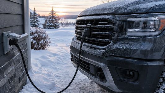Block heater cord plugged into an outdoor outlet on a snowy driveway at dawn