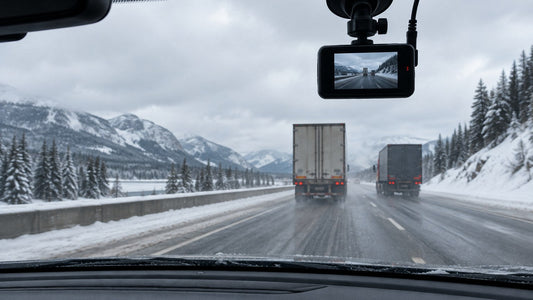 Dash cam mounted behind a windshield on a Canadian highway in winter