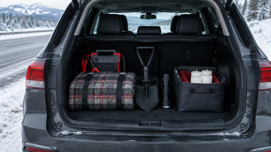 Open SUV trunk on a snowy highway shoulder with an organised emergency kit