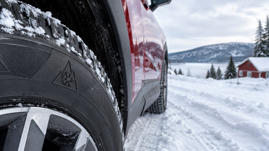 Winter tire sidewall with snow on a rural Quebec road