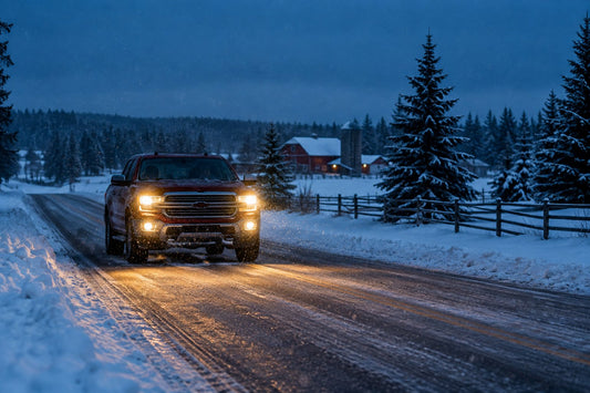 Pickup truck with its headlights on at dusk on a snowy rural road in Canada, low beams lighting the plowed lane and snowbanks
