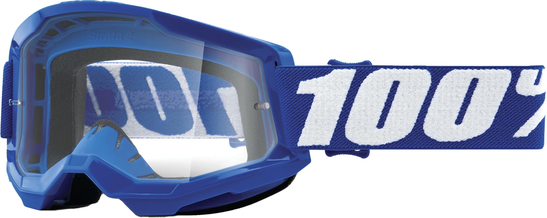 100% Strata 2 blue frame front view showing clear lens and secure fit