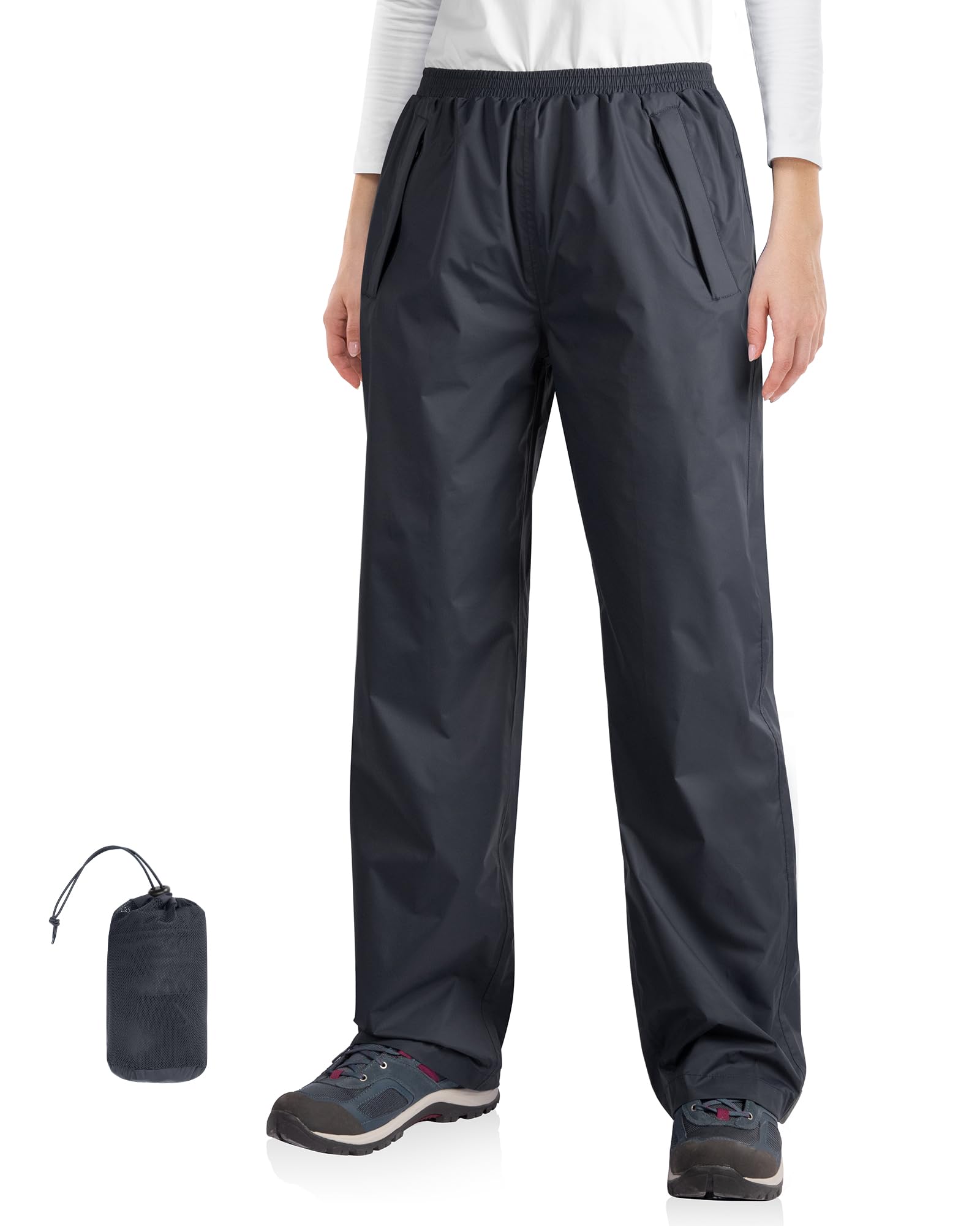 33,000ft front view of rain pants showing fit and weather protection benefits