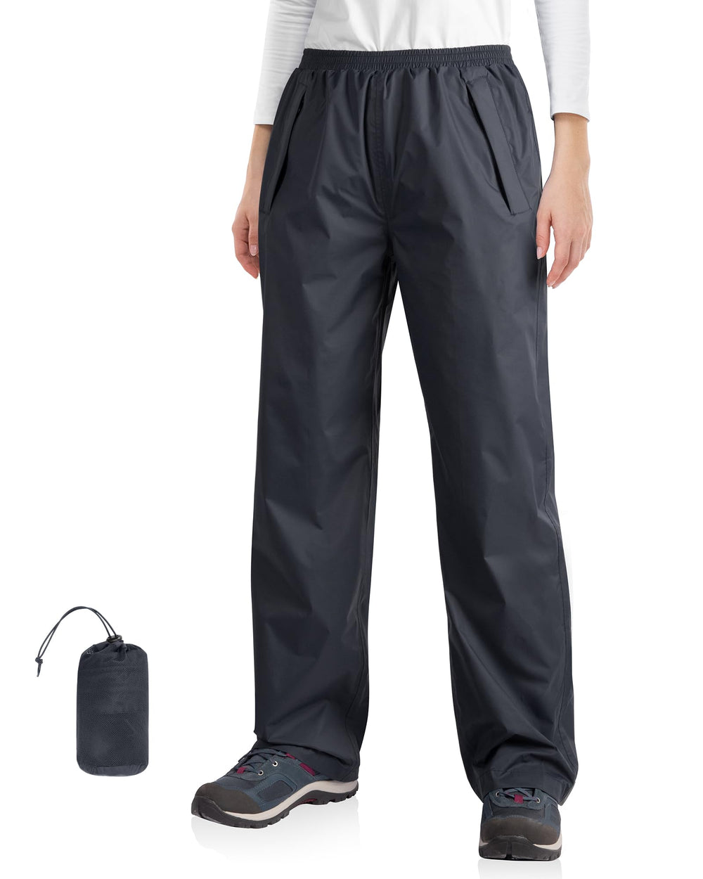 33,000ft front view of rain pants showing fit and weather protection benefits
