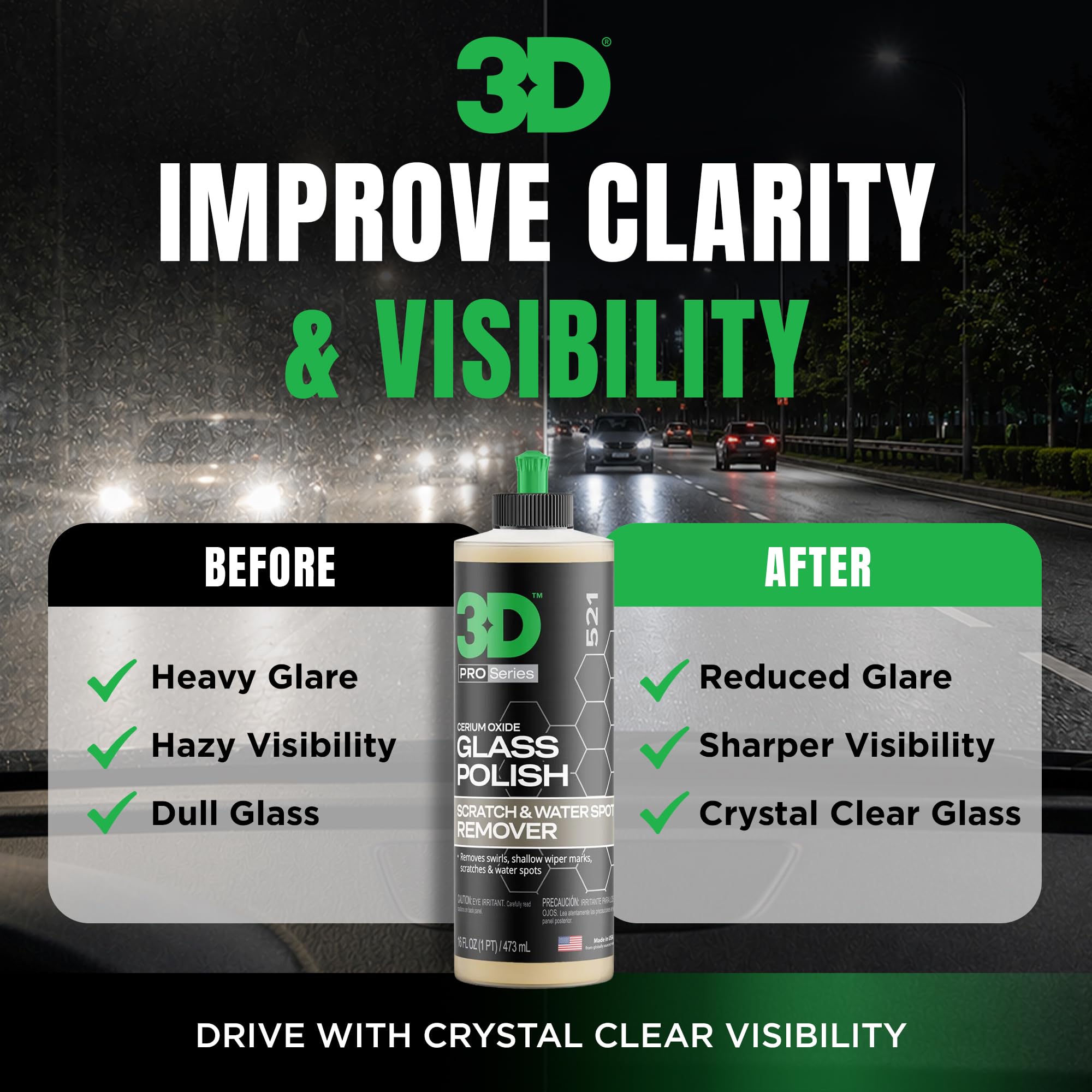 3D glass polish windshield before and after shows improved visibility