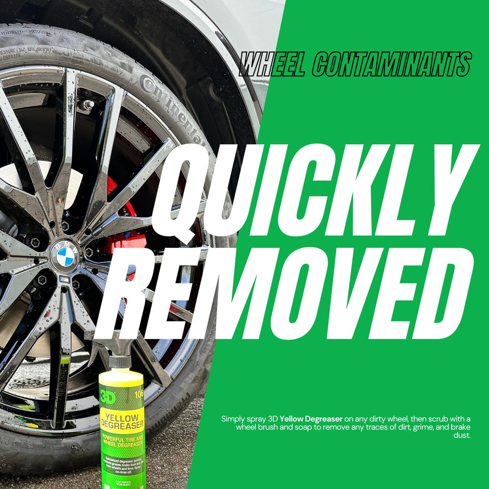 3D Yellow Degreaser cleaning a whitewall tire to restore bright contrast