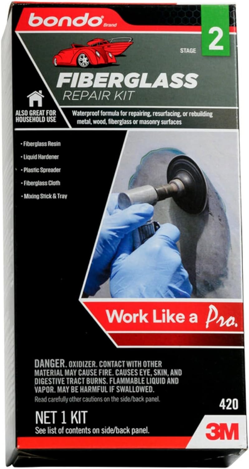 3M Bondo kit contents laid out to display resin, hardener, cloth and tools for fast repairs