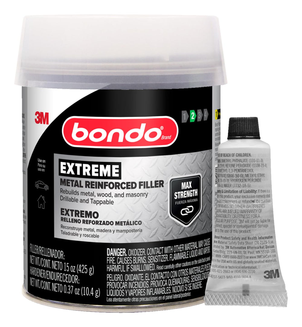 3M Bondo showing front can and label, clear product ID and durable finish benefit